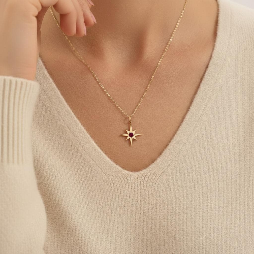 Pendentif étoile du Nord en rubis, collier céleste en or massif 14 carats, délicat pendentif étoile pierre de naissance, cadeau minimaliste pour elle, bijoux étoiles Moissanite engagement ring in Gold or Platinum — custom handcrafted by Forever For Love