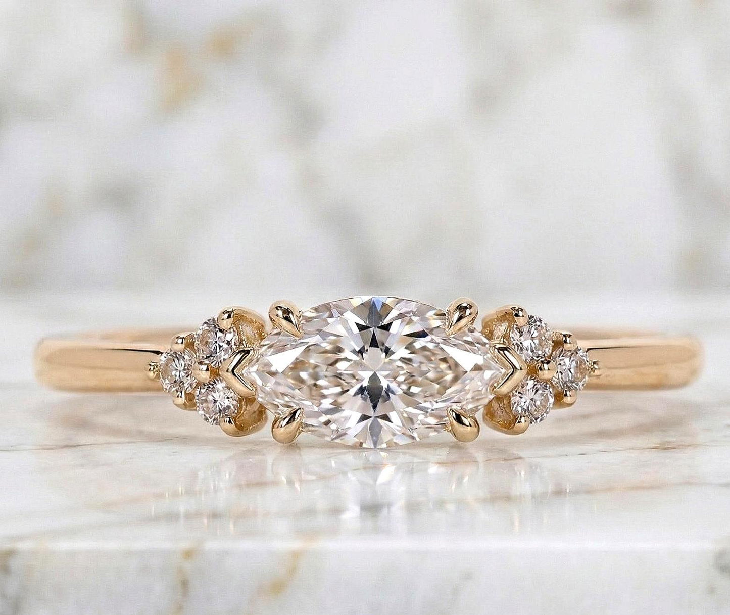 Bague de fiançailles horizontale Marquise 1 carat en diamant de laboratoire Marquise cut 1Ct Moissanite taille brillant engagement ring in Gold or Platinum — custom handcrafted by Forever For Love