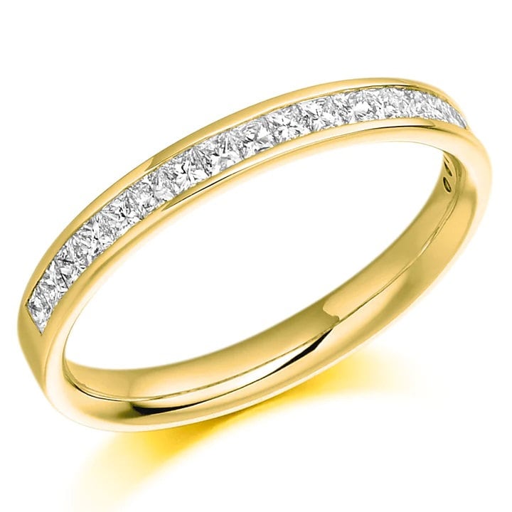 Princess Cut Diamond Half Eternity Ring 1.8mm 18k 14k natural Wedding Band Channel Setting. Yellow Rose White Gold Platinum certified.