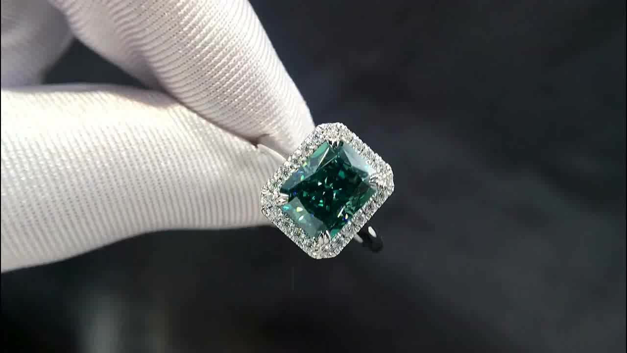 3 Ct Radiant Green Diamond, Moissanite Halo Engagement Ring