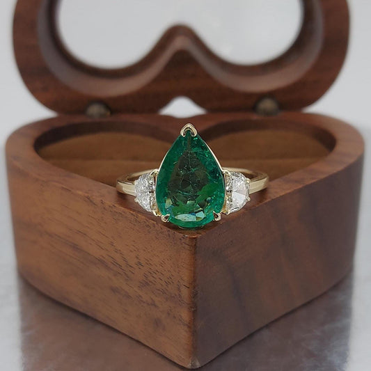 Pear Diamond, Emerald, Moonstone Engagement Ring