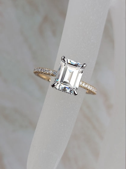 3 CT/9* 7mm Emerald Cut Two Tone Engagement Ring, Moissanite Emerald Engagement Ring, Emerald Cut Solitaire Ring.