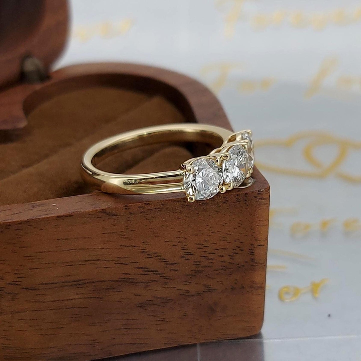 1.5 Ct IGI Certified Round Three Stone Diamond Ring Round cut Moissanite engagement ring in Gold or Platinum — custom handcrafted by Forever For Love