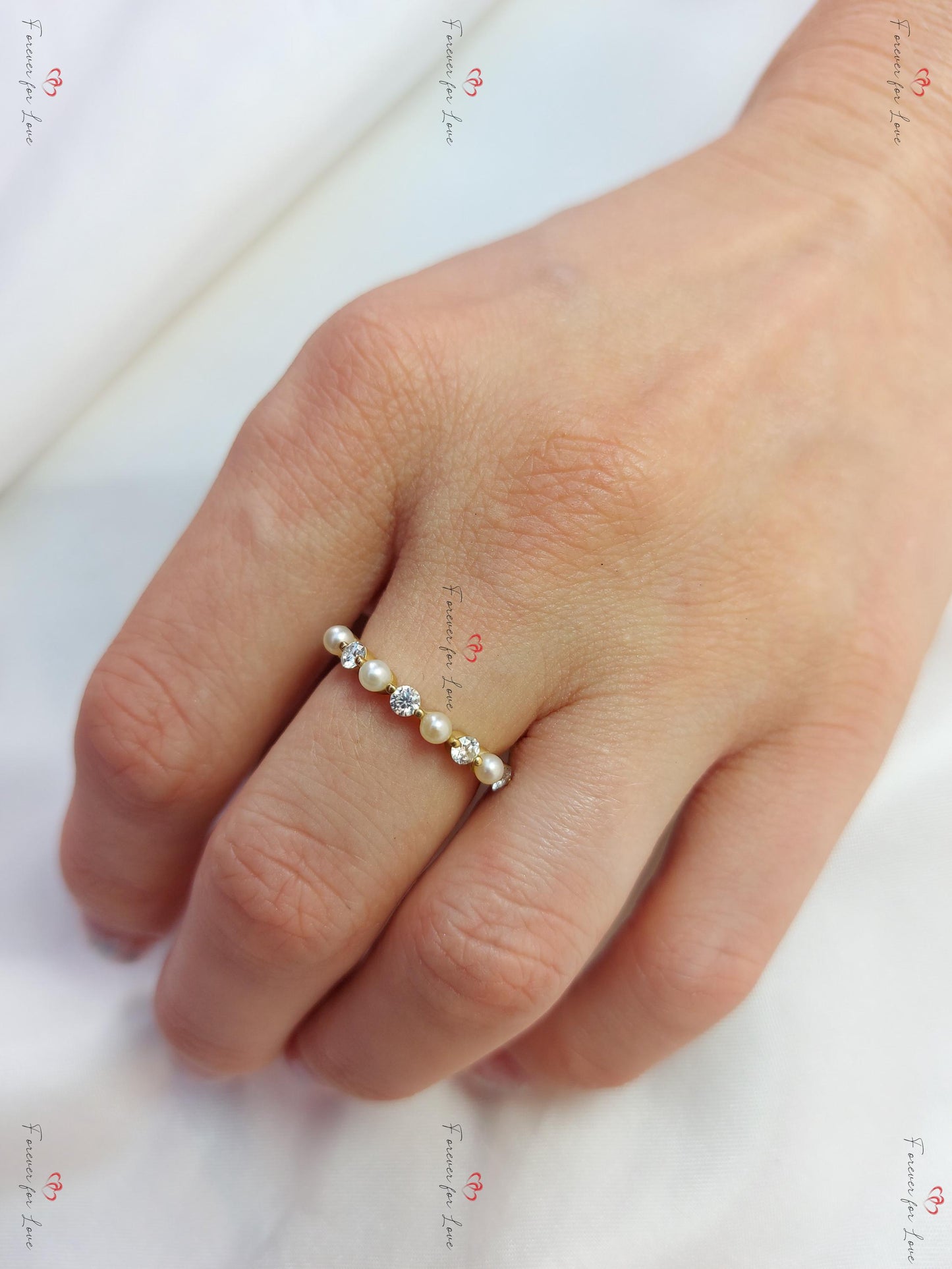 Dainty Diamond Half Eternity Pearl Diamond Ring Wedding Band for Women Floating Stacking Ring / Real Genuine Natural Diamonds Pear cut Moissanite Brilliant Cut engagement ring in 935 Argentium Silver — custom handcrafted by Forever For Love