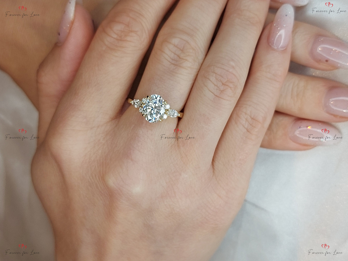Oval Moissanite engagement ring unique Cluster Yellow gold engagement ring women Marquise diamond wedding Bridal art deco Anniversary Ring. Oval cut 6*8mm Moissanite engagement ring in Gold or Platinum — custom handcrafted by Forever For Love
