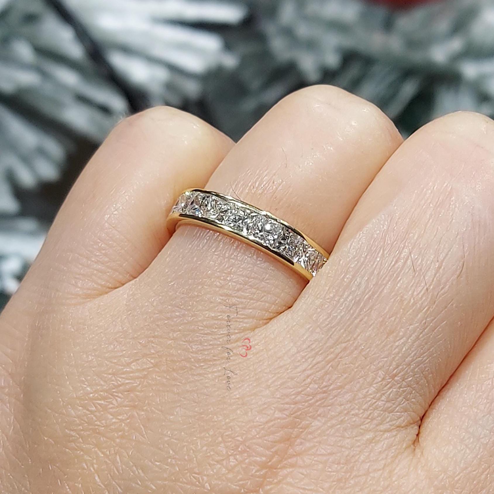 Princess Cut Diamond Half Eternity Ring 2.1 mm 18k 14k natural Wedding Band Channel Setting. Yellow Rose White Gold Platinum certified.