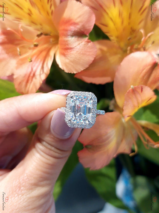 Emerald Cut Double Halo Moissanite Engagement Ring, 4 ct Ring,Pave Diamond Ring, Modern Engagement Anniversary Promise Ring.