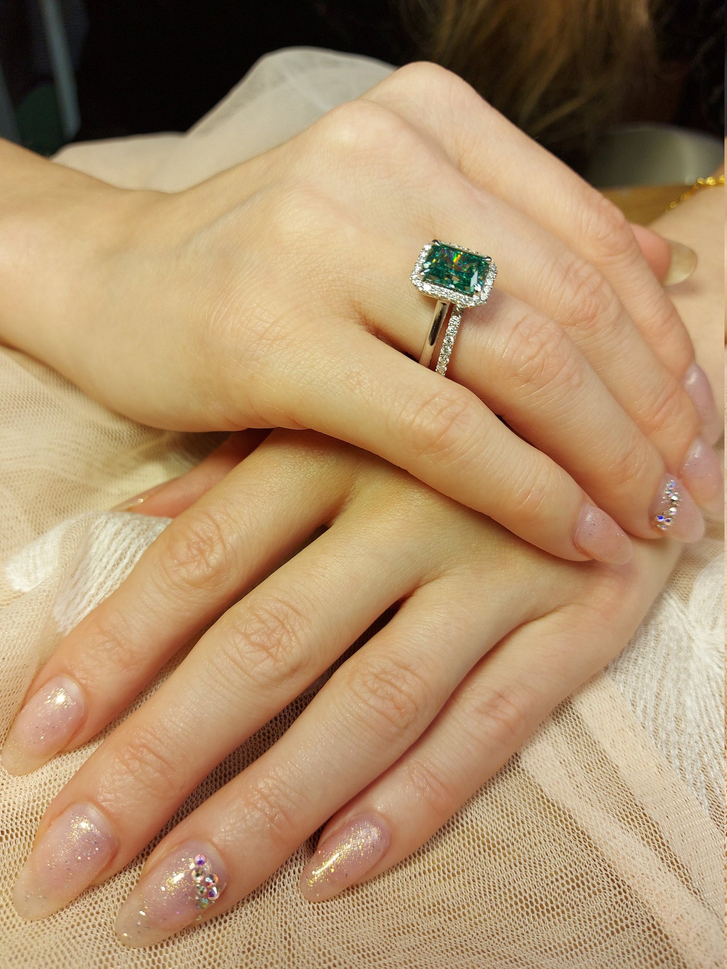 3 Ct Radiant Green Moissanite Eternity Band Radiant cut Moissanite Brilliant Cut engagement ring in 935 Argentium Silver — custom handcrafted by Forever For Love