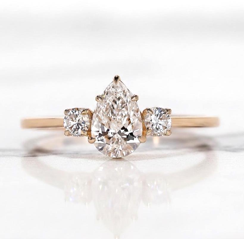 Pear Lab Diamond Three Stone Engagement Ring