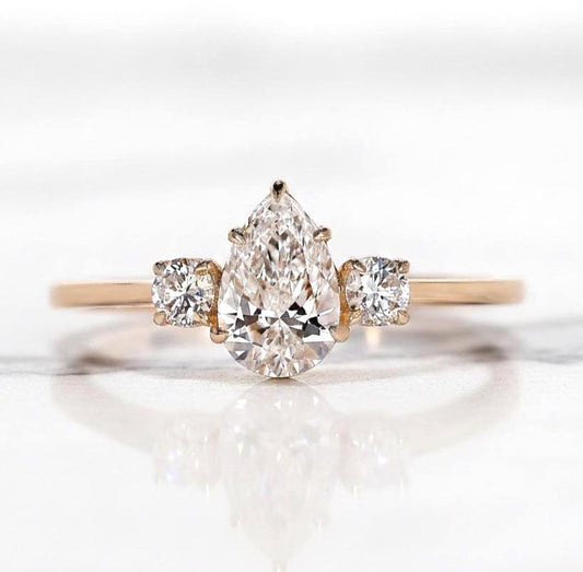 Pear Lab Diamond Three Stone Engagement Ring