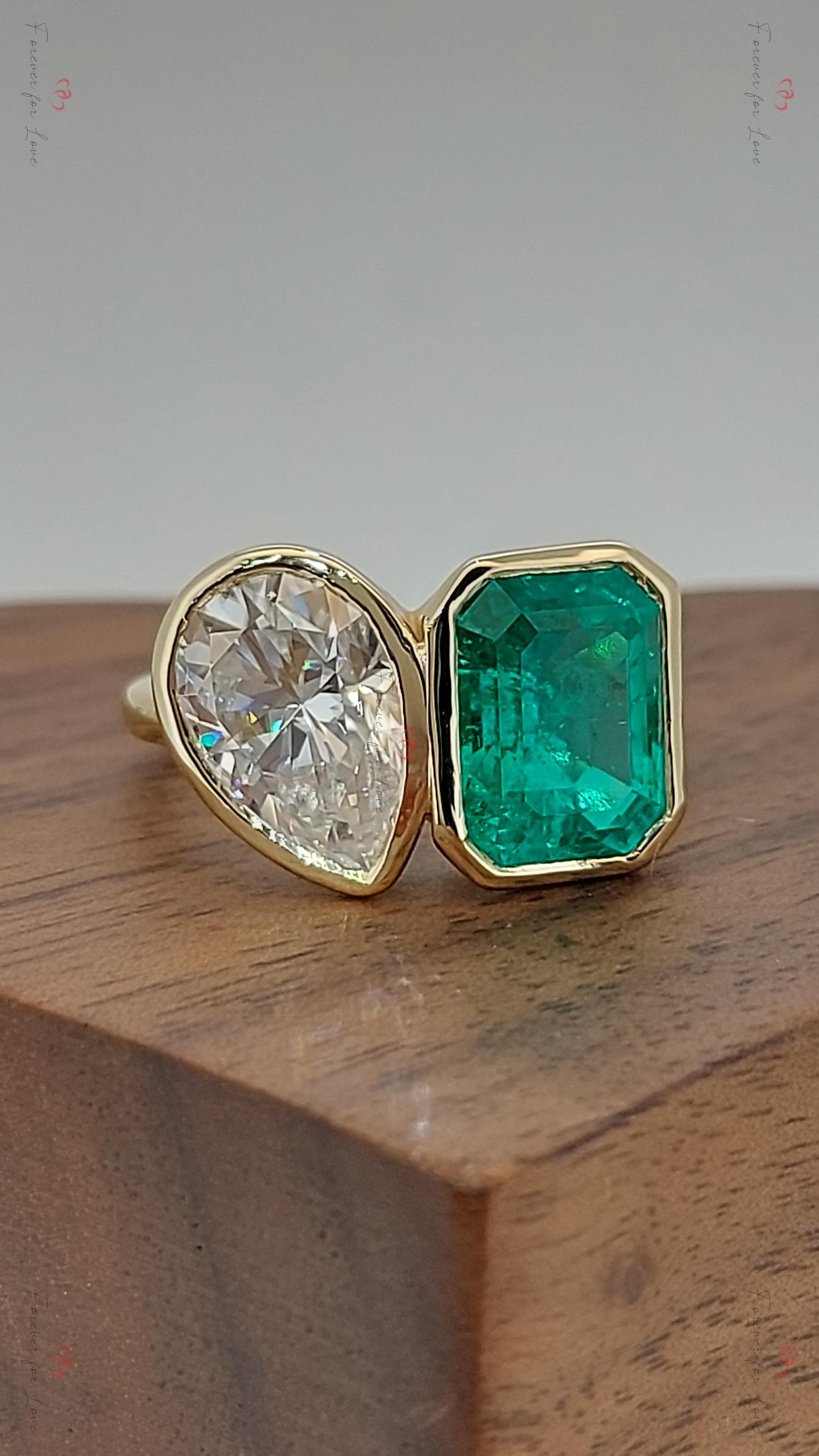 Baguette Diamond, Emerald Three Stone Ring