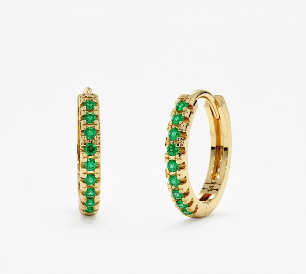 14k Solid Gold Emerald Huggies, Solid Gold Mini Hoops, Natural birthstone Gold Huggie Earrings, Sold As A Pair, Hoop Earrings Minimalist Moissanite engagement ring in Gold or Platinum — custom handcrafted by Forever For Love