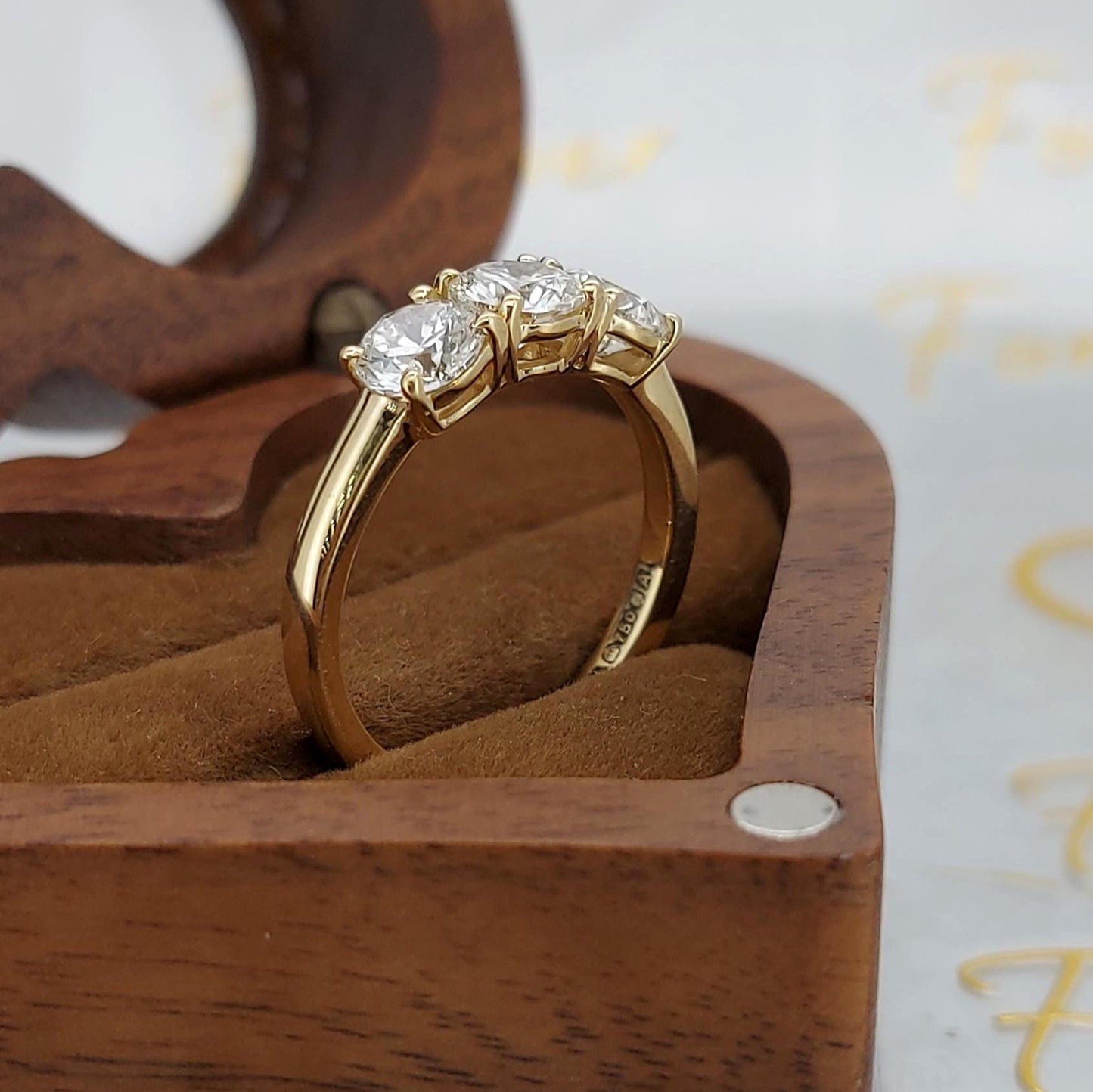 1.5 Ct IGI Certified Round Three Stone Diamond Ring Round cut Moissanite engagement ring in Gold or Platinum — custom handcrafted by Forever For Love