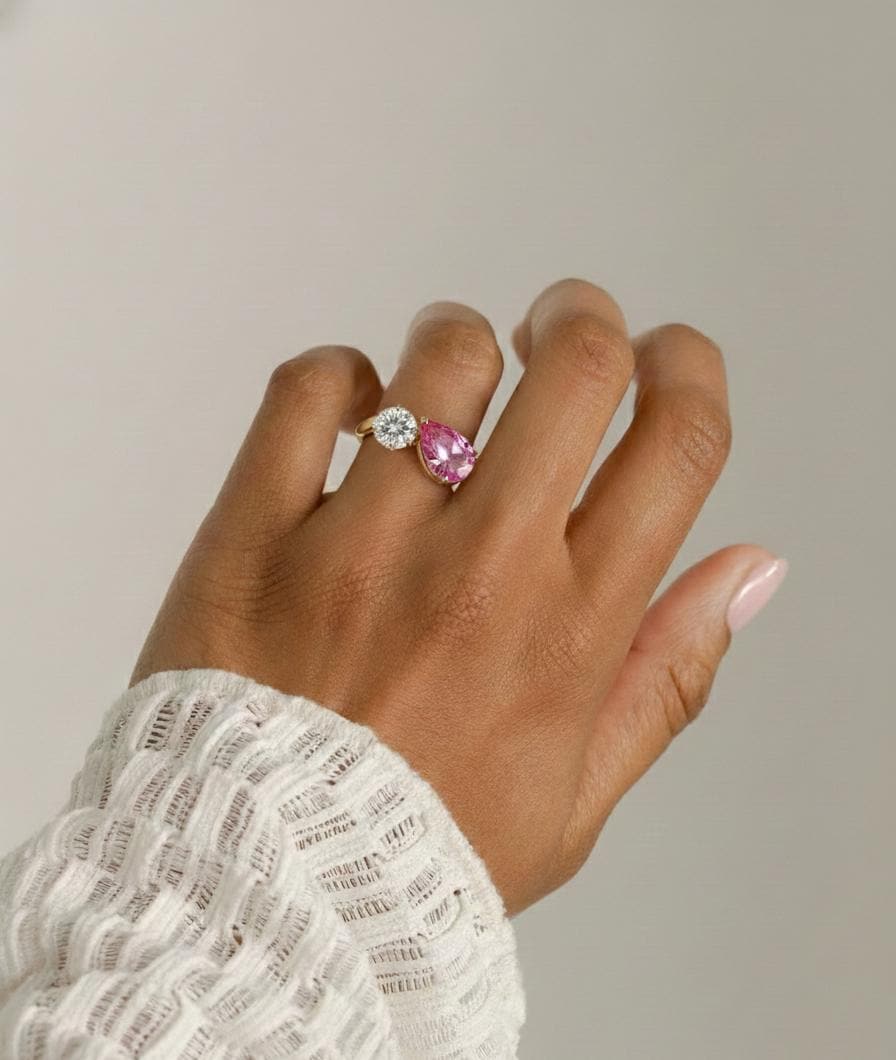 1.5 Ct Pear Pink Lab Diamond with Pink Sapphire Toi et Moi Engagement Ring Pear cut Moissanite engagement ring in Gold or Platinum — custom handcrafted by Forever For Love