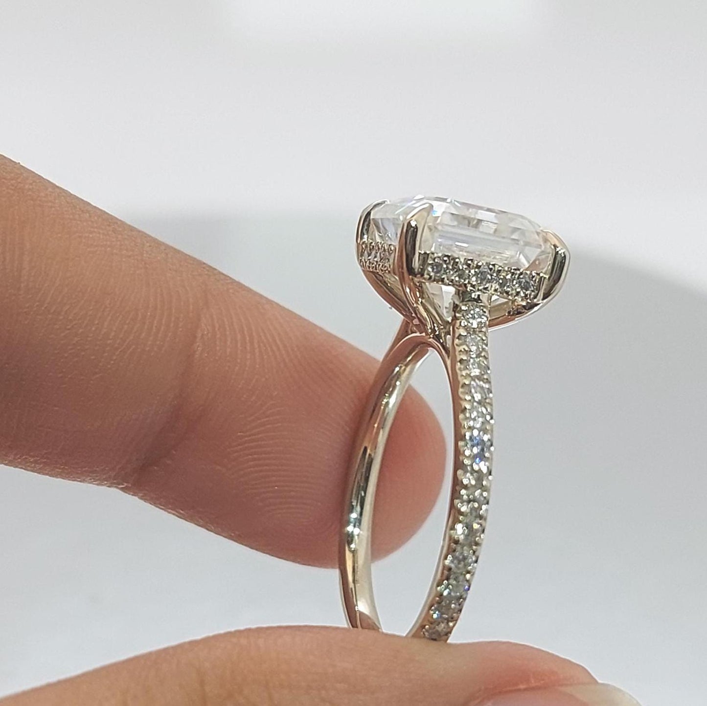 3.35 Ct IGI Certified Asscher Lab Diamond Hidden Halo Engagement Ring Asscher cut 1Ct Moissanite Brilliant Cut engagement ring in 935 Argentium Silver — custom handcrafted by Forever For Love