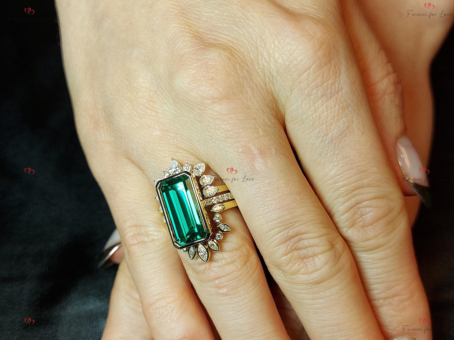Marquise Diamond, Emerald Wedding Band Marquise cut Natural Emerald engagement ring in 935 Argentium Silver — custom handcrafted by Forever For Love