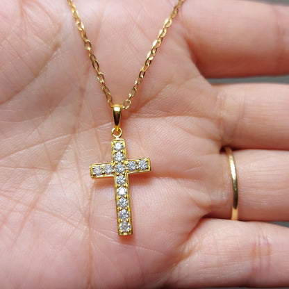 Halskette mit Moissanit-Kreuz aus 14 Karat Massivgold für Damen, Kreuz-Anhänger, religiöser Schmuck, christlicher Glaube Anhänger, Kreuz-Geschenk für Frauen