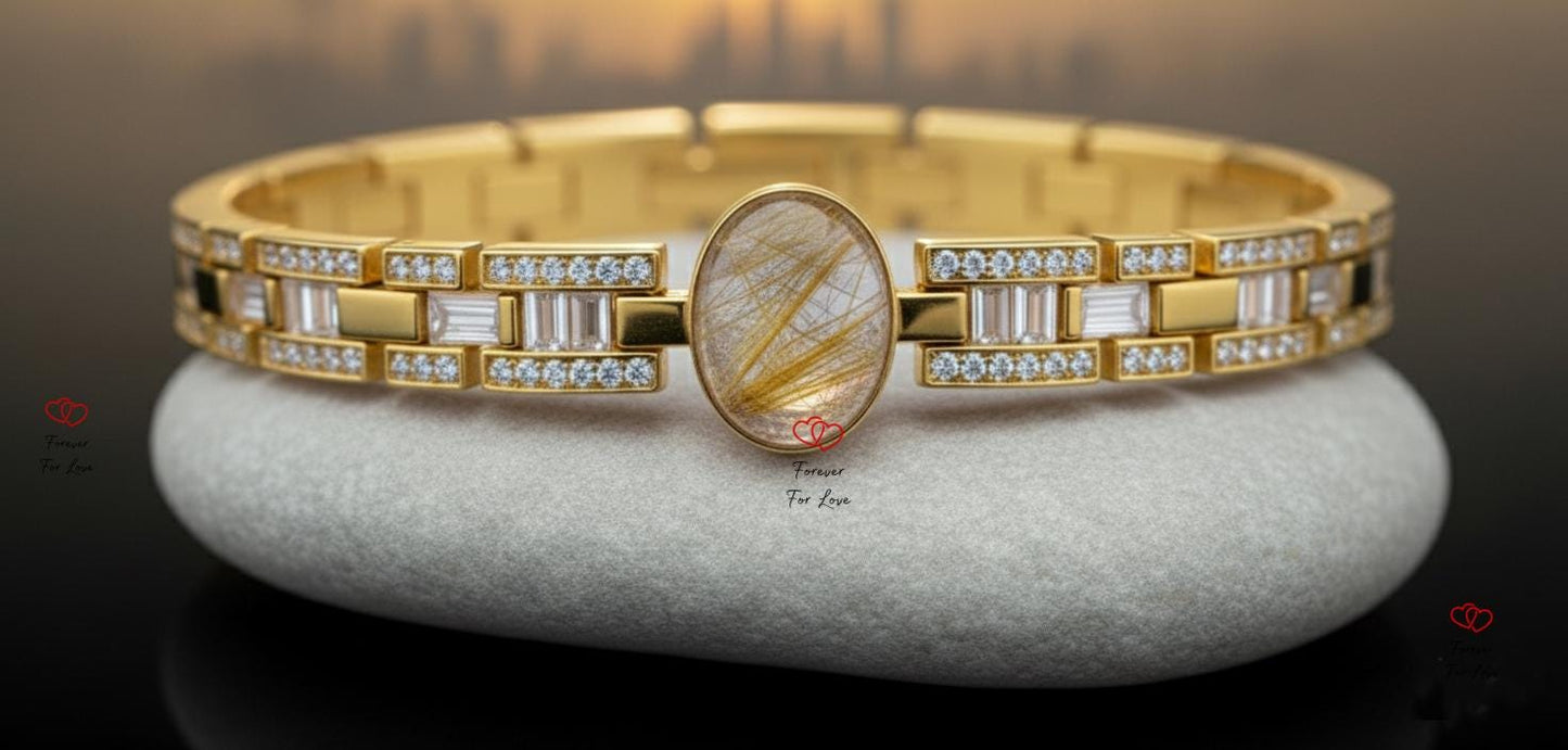 Golden Rutilated Quartz Bracelet with Baguette Diamonds, Solid Yellow Gold Bracelet, Angel Hair Quartz, Anniversary Gift, Fully Customizable Moissnaite engagement ring in Gold or Platinum — custom handcrafted by Forever For Love