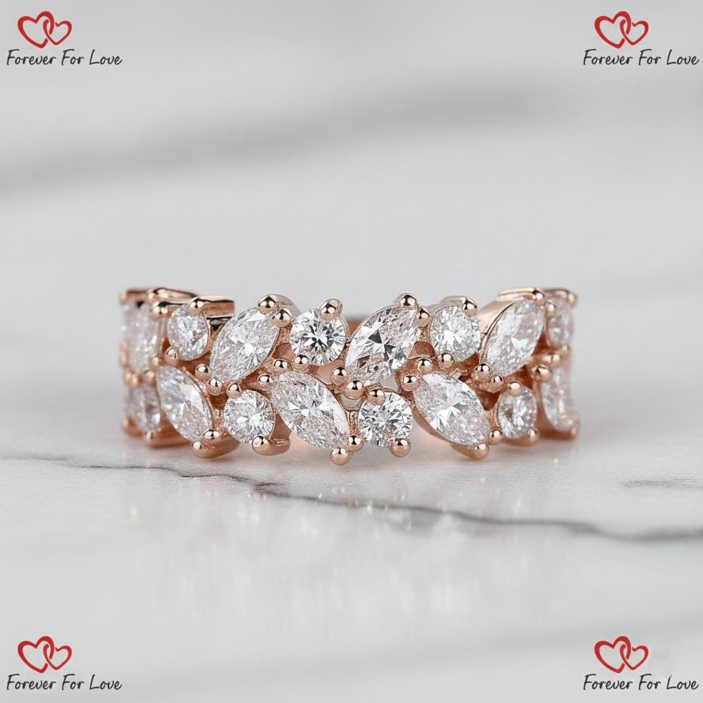 Marquise Diamond Double-Row Band Marquise cut Moissanite Brilliant Cut engagement ring in 935 Argentium Silver — custom handcrafted by Forever For Love