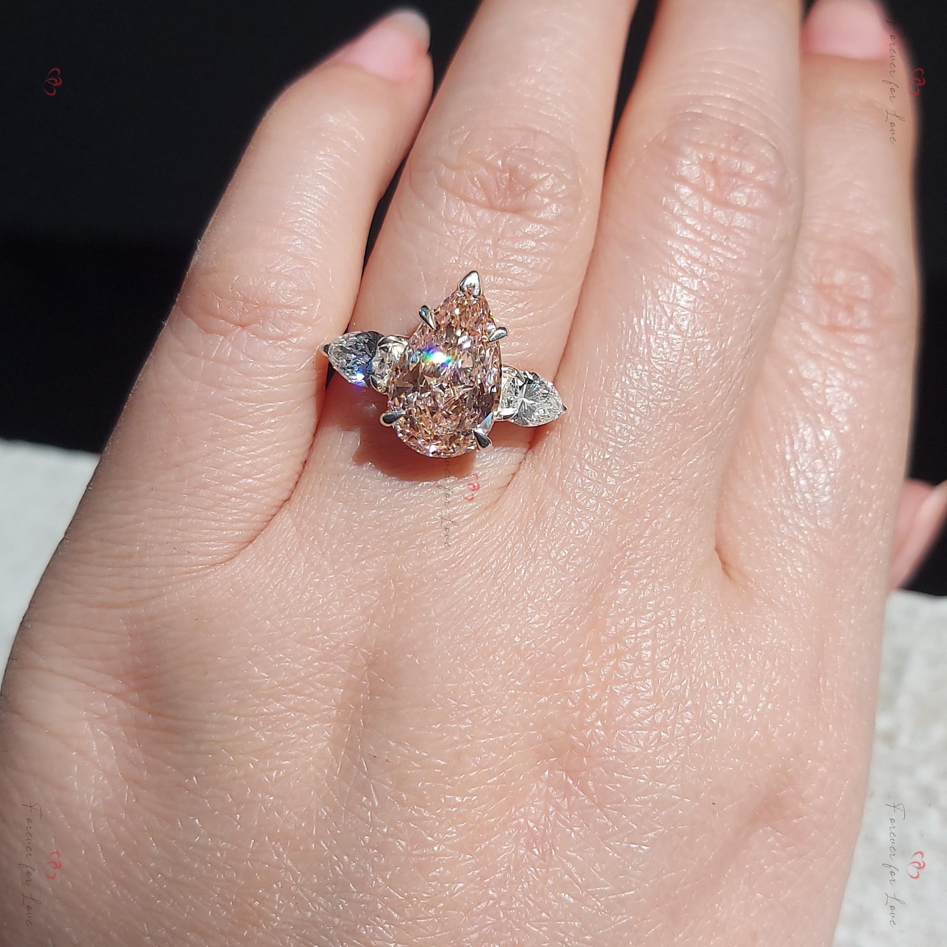 Pear Lab Diamond Three Stone Engagement Ring
