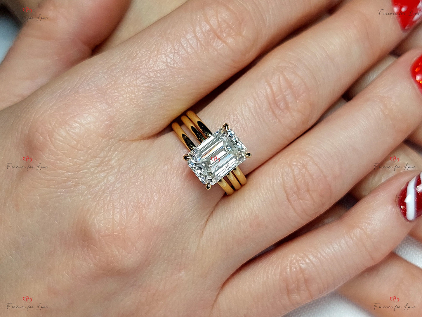 3 Karat Smaragd Moissanit, Smaragd Ehering Emerald cut Moissanite engagement ring in 935er Argentium Silber — custom handcrafted by Forever For Love