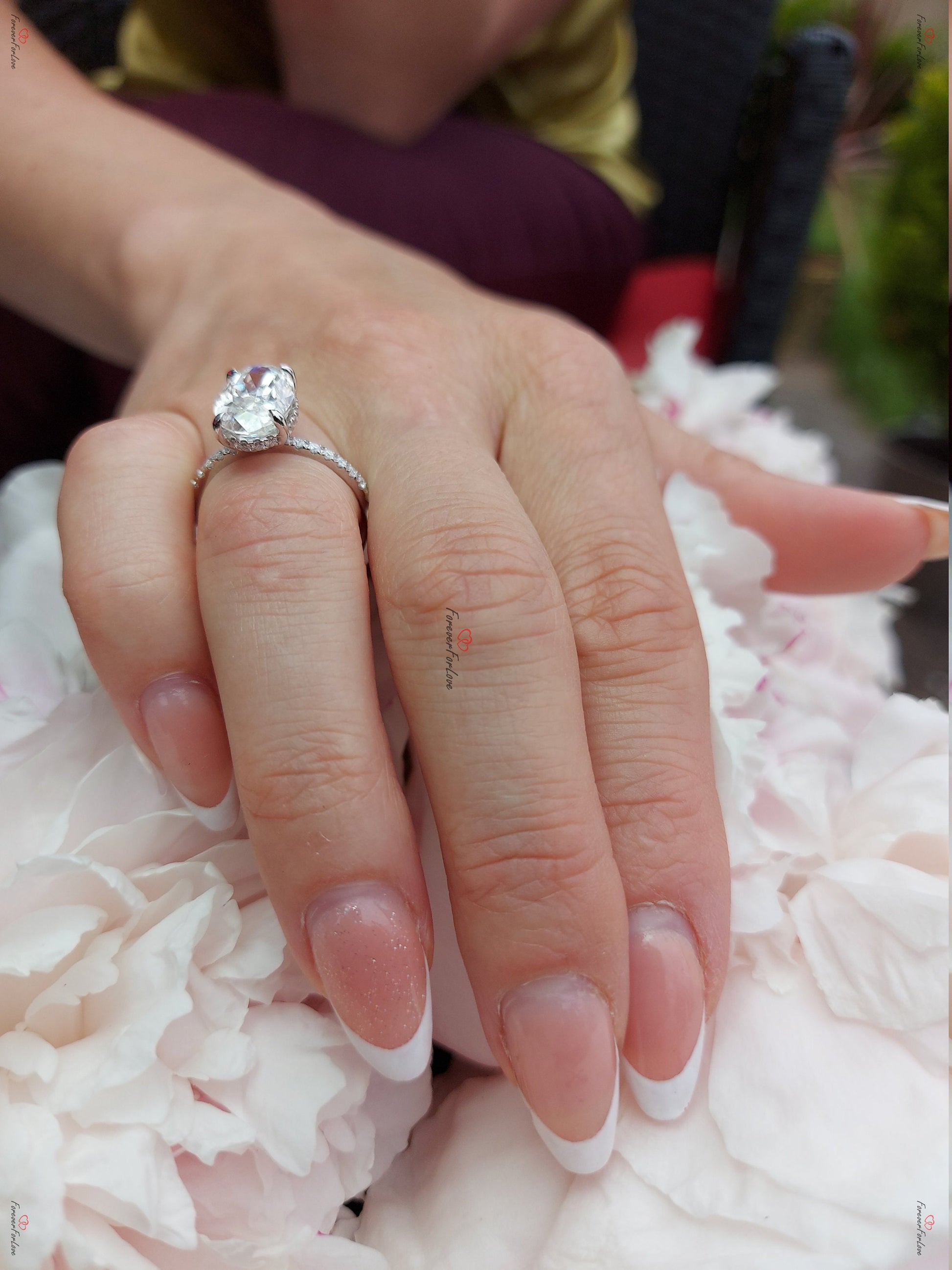5 CT Crushed Ice Oval Moissanite Engagement Ring: 14k White Gold Hidden Halo
