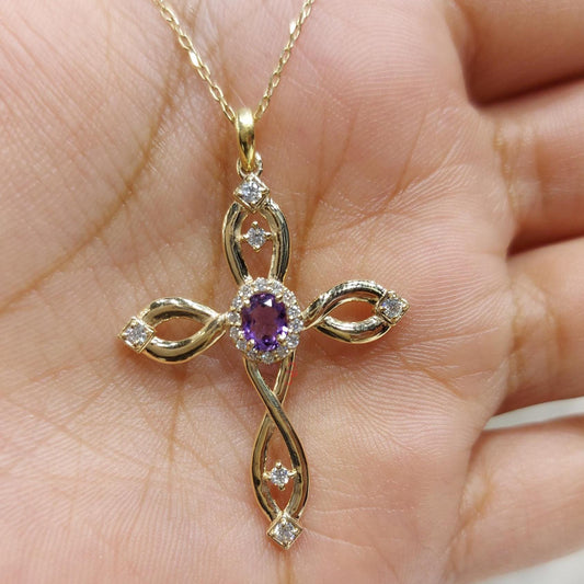 Twisted Gold Cross Necklace with Birth stone for Women,Diamond Cross Pendant,Religious Jewelry,Christian Faith Pendant, Cross Gift for Women