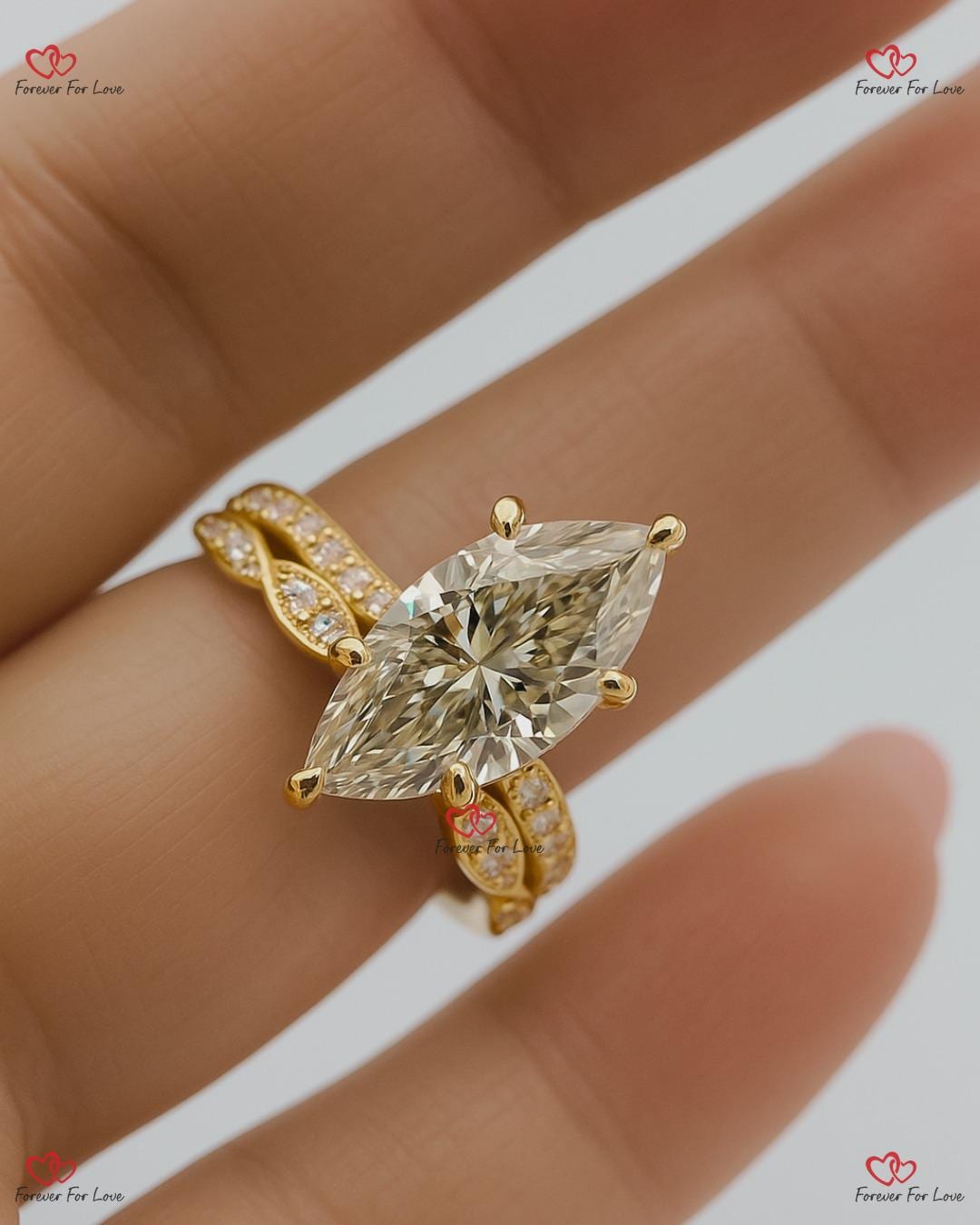 1.5 Carat Marquise Diamond Engagement ring set, Vintage Diamond Stacking ring Diamond ring,14K/18K Yellow Gold Dainty Bridal set.