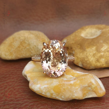 Oval Diamond, Morganite Hidden Halo Engagement Ring