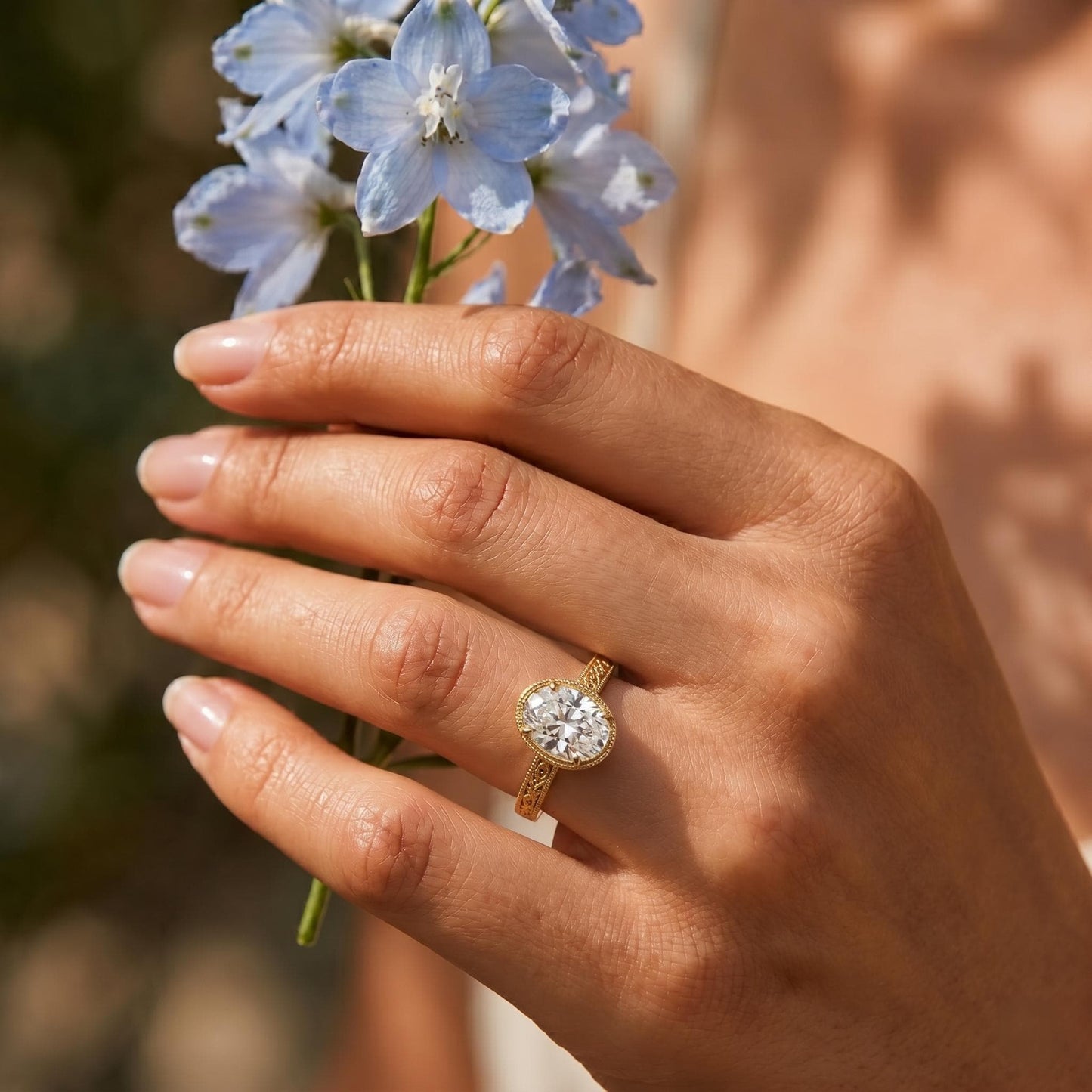 Bandeau de diamants ovales de laboratoire certifiés IGI Oval cut 1Ct Moissanite taille brillant engagement ring in Gold or Platinum — custom handcrafted by Forever For Love