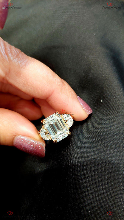 5 Ct Emerald Moissanite, Moonstone Three Stone Engagement Ring