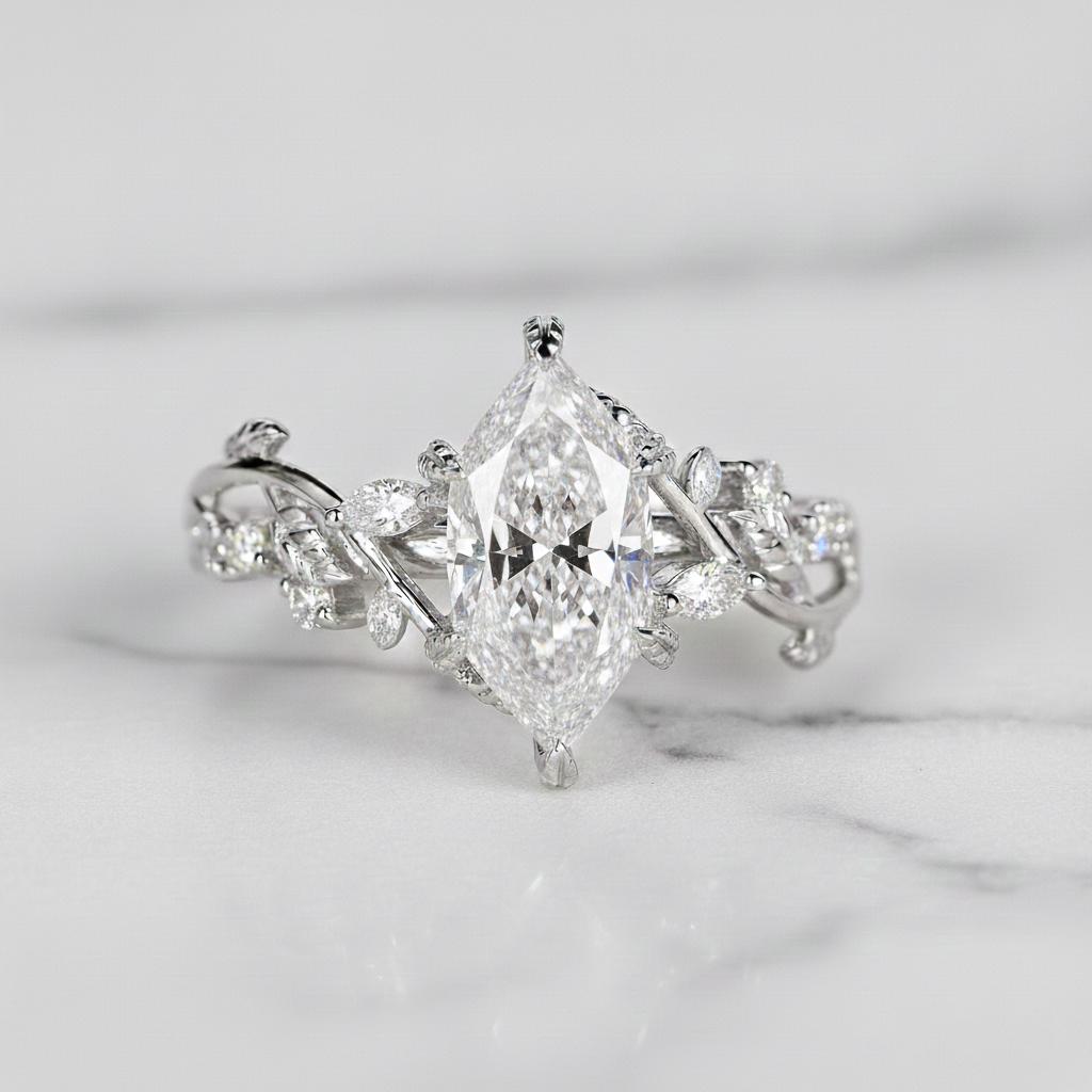 Nature Inspired Engagement Ring in Dutch Marquise Cut Lab Grown Diamond, Leaves and Petal Design, Anniversary Gift for Her Marquise cut 1Ct Moissanite Brilliant Cut engagement ring in 935 Argentium Silver — custom handcrafted by Forever For Love