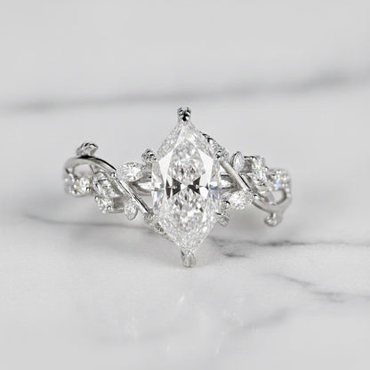 Nature Inspired Engagement Ring in Dutch Marquise Cut Lab Grown Diamond, Leaves and Petal Design, Anniversary Gift for Her