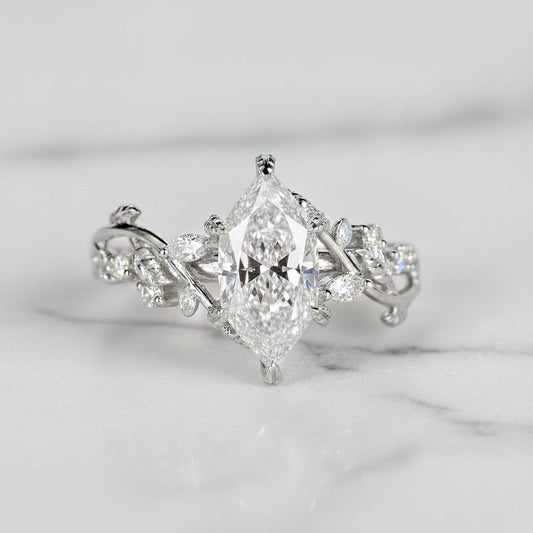 Nature Inspired Engagement Ring in Dutch Marquise Cut Lab Grown Diamond, Leaves and Petal Design, Anniversary Gift for Her