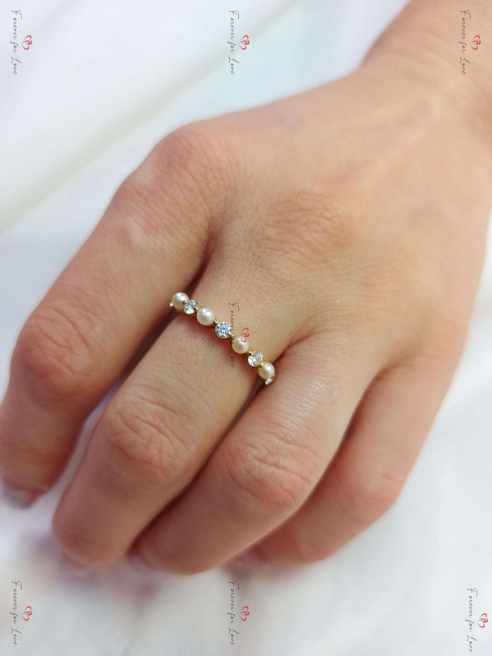 Dainty Diamond Half Eternity Pearl Diamond Ring Wedding Band for Women Floating Stacking Ring / Real Genuine Natural Diamonds