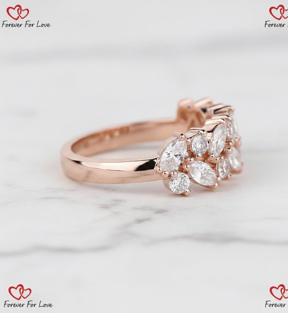 Marquise Diamond Double-Row Band Marquise cut Moissanite Brilliant Cut engagement ring in 935 Argentium Silver — custom handcrafted by Forever For Love