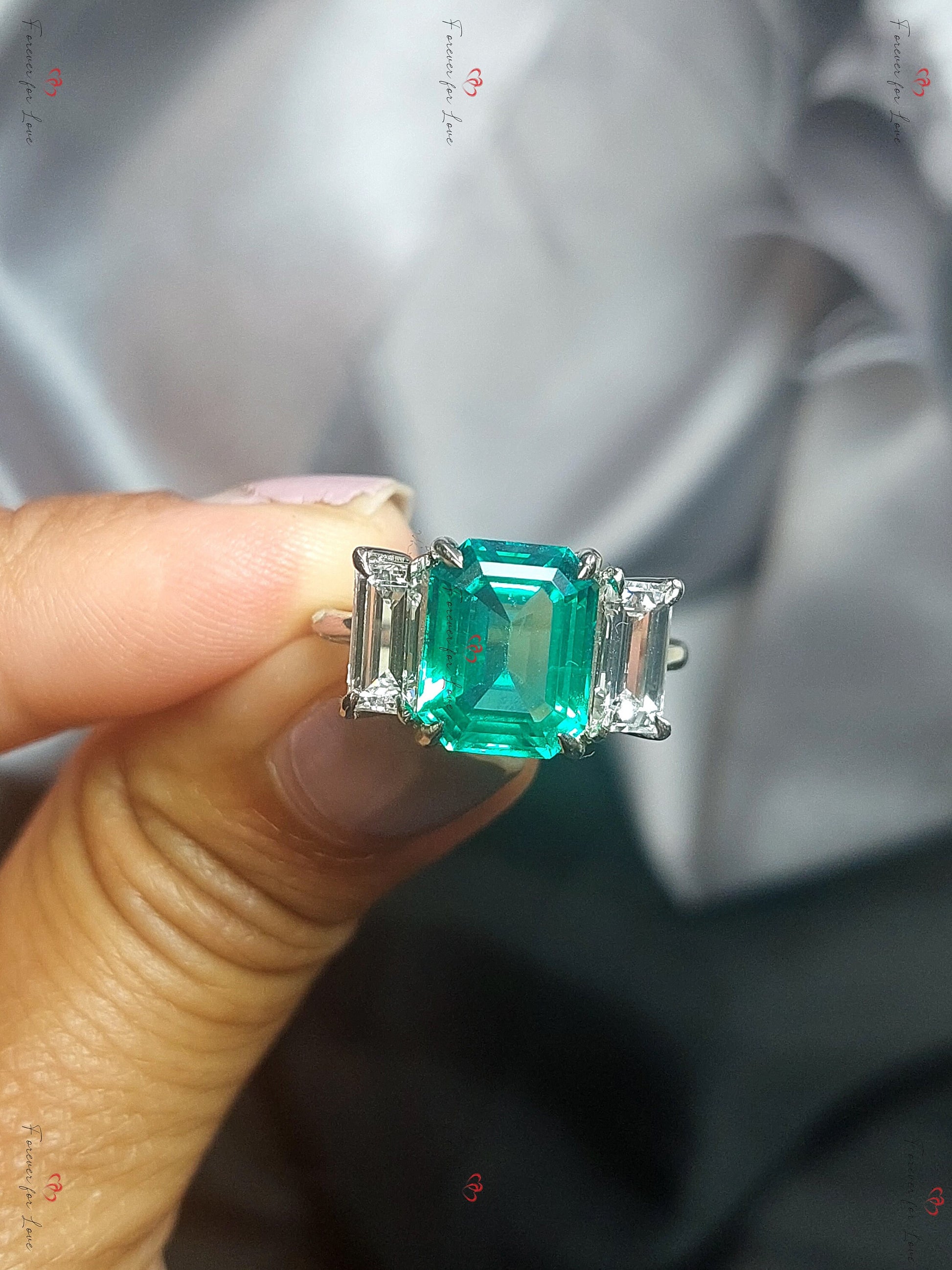Emerald and moissanite engagement wedding set handmade in white/rose/yellow gold or platinum Emerald bridal ring set Emerald Proposal Ring