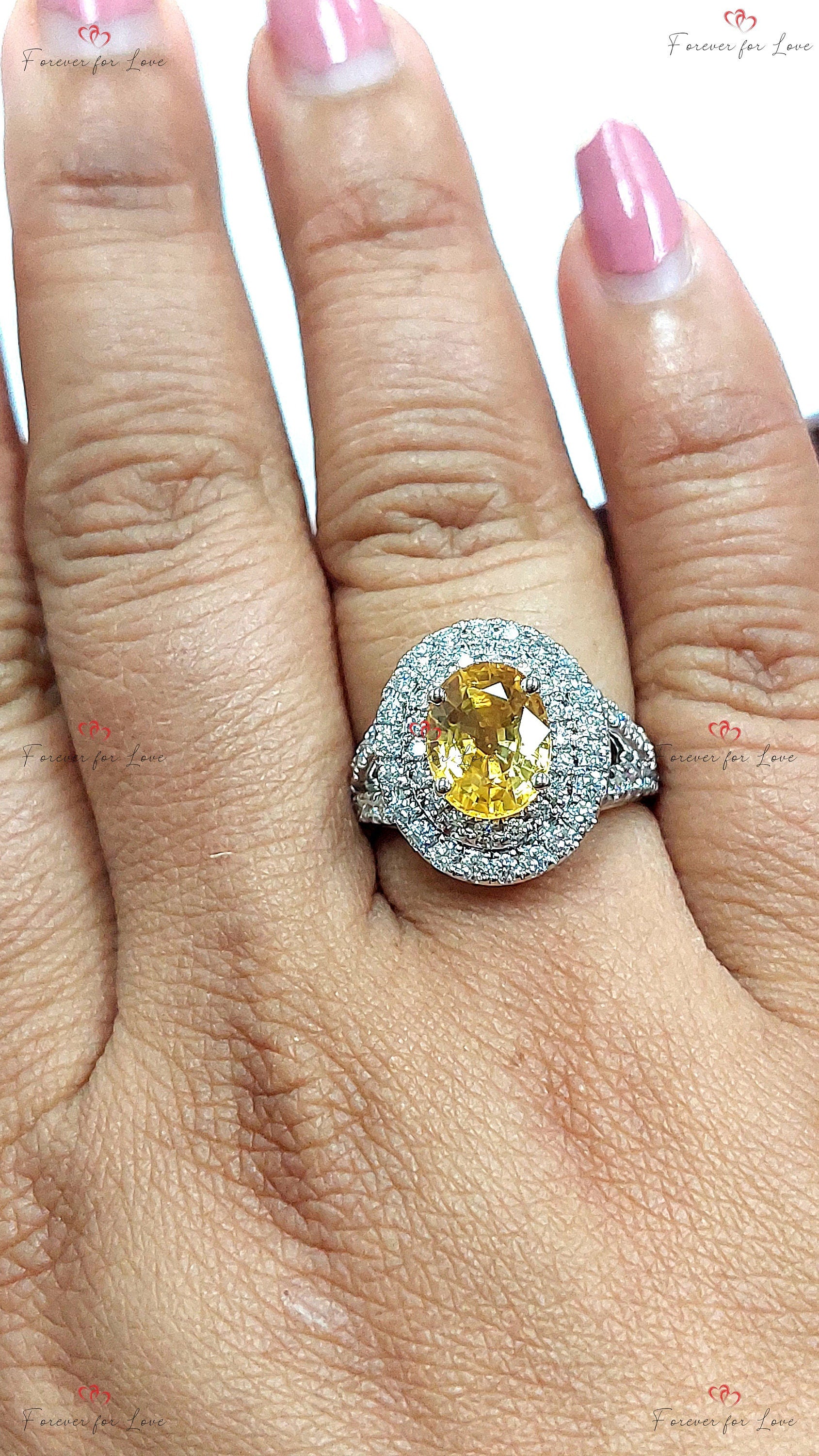 1 Ct Oval Yellow Natural Diamond, Sapphire Halo Engagement Ring