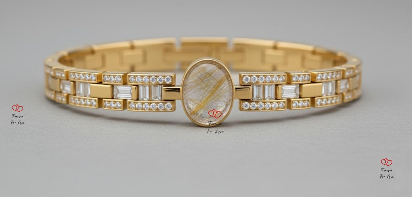 Golden Rutilated Quartz Bracelet with Baguette Diamonds, Solid Yellow Gold Bracelet, Angel Hair Quartz, Anniversary Gift, Fully Customizable Moissnaite engagement ring in Gold or Platinum — custom handcrafted by Forever For Love