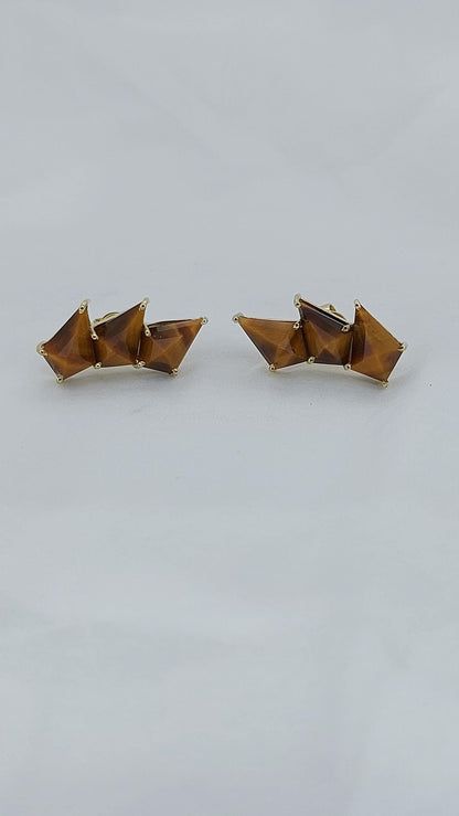 Tiger Eye Earrings · Semiprecious Earrings · Vintage Brown Tiger Earrings · Gold Filled climber Earrings · 18k Gold Vermeil Earrings