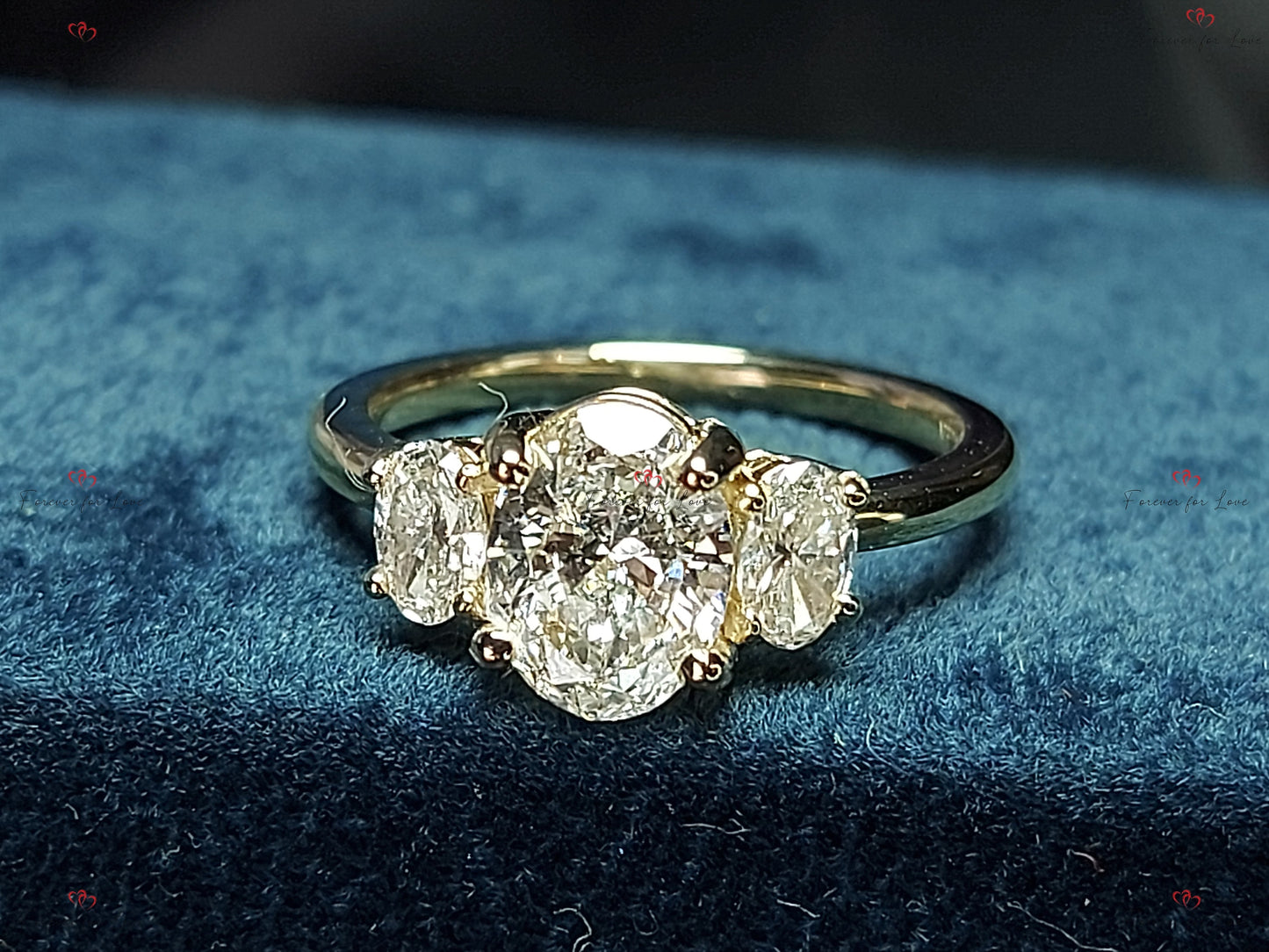 Bague trois pierres ovales en diamant de laboratoire Oval cut Moissanite engagement ring in Gold or Platinum — custom handcrafted by Forever For Love