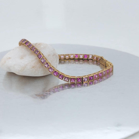 Pink Diamond Princess cut Tennis Bracelet, Solid Gold baby Pink Bracelet, 14k or 18k Colorful Eternity Design, Prong Set, Mothers day gift