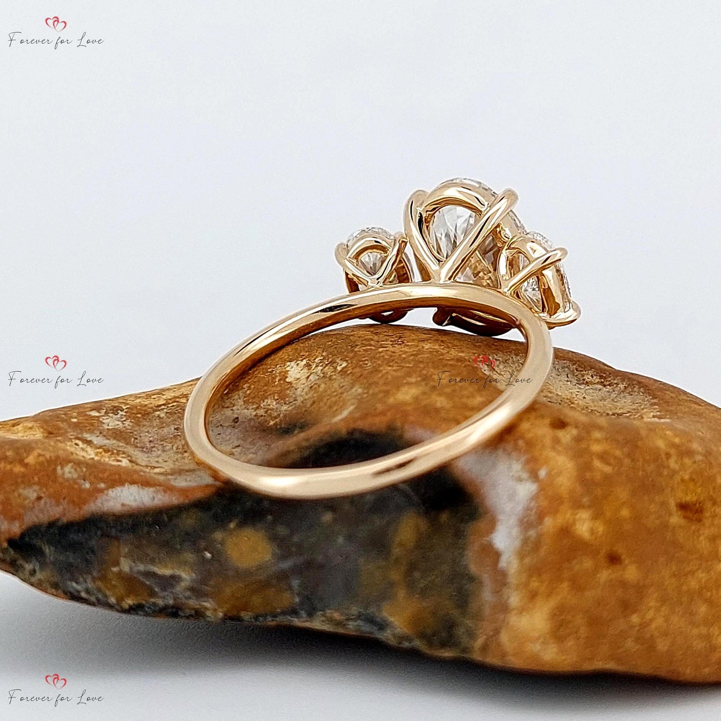3 Ct Oval Diamond Three Stone Engagement Ring — E VVS2 Oval cut Moissanite engagement ring in Gold or Platinum — custom handcrafted by Forever For Love