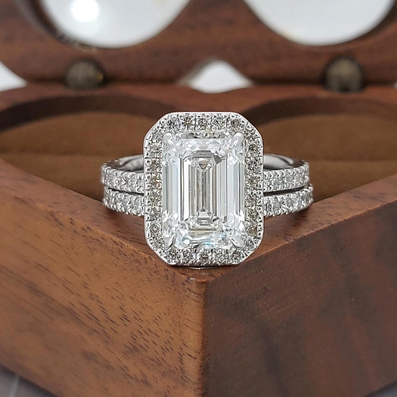 3 Ct IGI Certified Emerald Lab Diamond Halo Bridal Set with Band Emerald cut Moissanite Brilliant Cut engagement ring in 935 Argentium Silver — custom handcrafted by Forever For Love