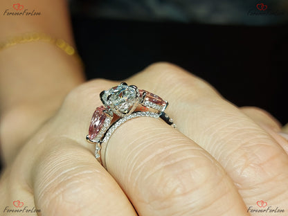 2.5 Ct Oval Pink Moissanite, Sapphire Three Stone Engagement Ring