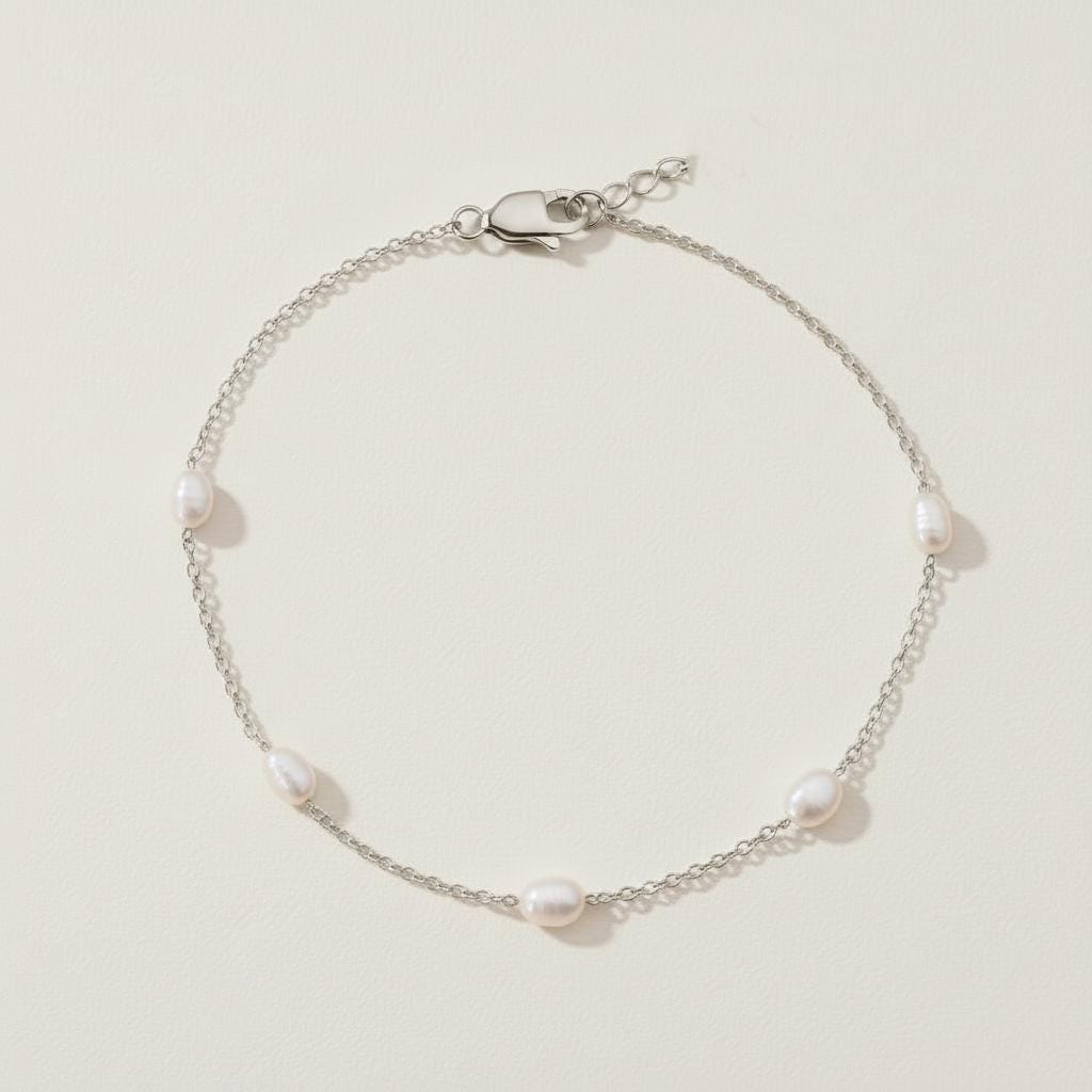 Oval Pearl Beaded Gold Bracelet, 14k Solid Gold Chain with 3mm Natural Pearls, 5 Pearl Stations on Gold Dainty Chain, Gift for Her Moissanite engagement ring in Gold or Platinum — custom handcrafted by Forever For Love