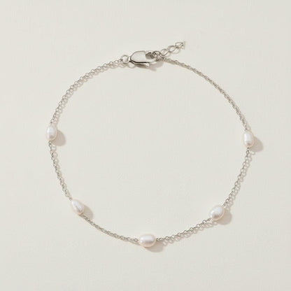 Oval Pearl Beaded Gold Bracelet, 14k Solid Gold Chain with 3mm Natural Pearls, 5 Pearl Stations on Gold Dainty Chain, Gift for Her