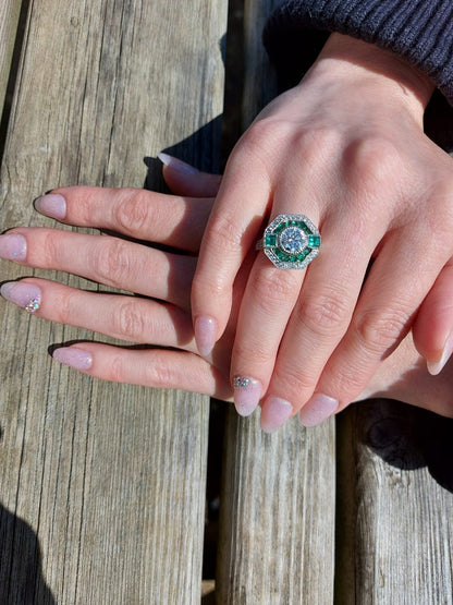 Moissanite, Emerald Halo Engagement Ring
