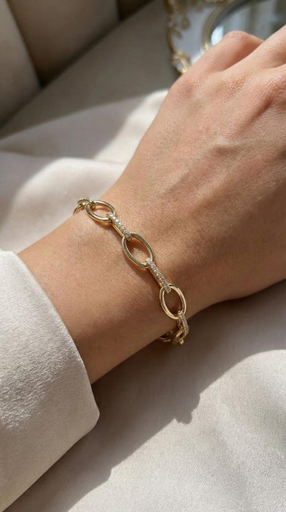 14K massives Gold-Paperclip-Armband, zartes Goldarmband, Labor-Diamant-Pavé-Armband, Jahrestagsgeschenk für sie.
