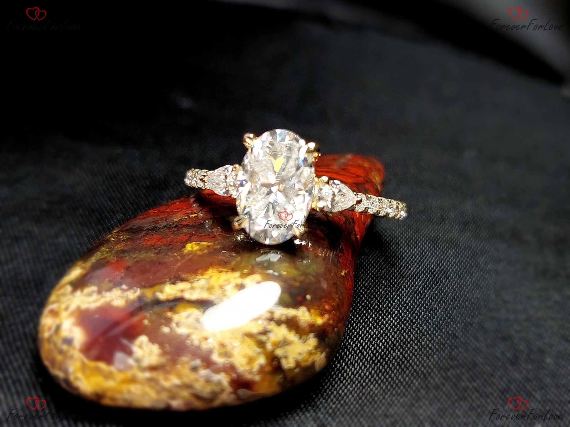 1.5 Ct Oval Diamond, Moissanite Three Stone Engagement Ring